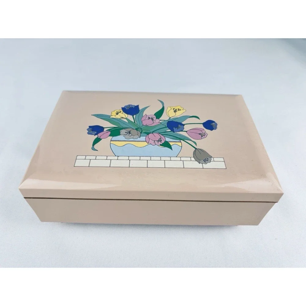 Vintage Otagiri Japan Tulip Pink Lacquerware Musical Jewlery Box Trinket MCM